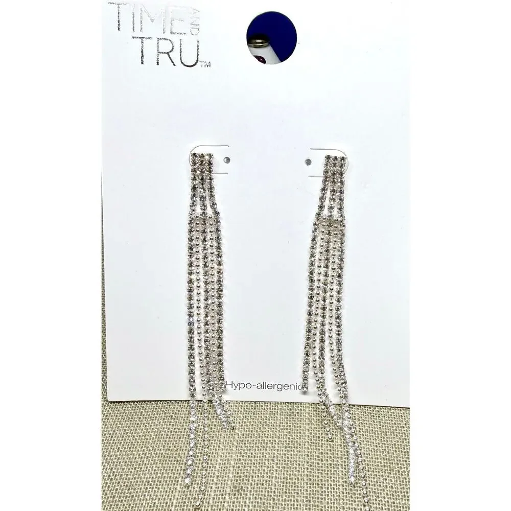 🧚🏻‍♀️ Rhinestone Fringe Earrings Silver 4” Dangle Statement Hypoallergenic NIP